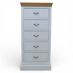 Modern narrow chest of five drawers in white finish with oak moulded top, with metal cup handles raised on a moulded plinth base