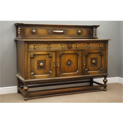  Early 20th century oak sideboard, raised back with barley twist supports, two drawers and three cupboards, geometric moulding, W168cm, H126cm, D59cm  
