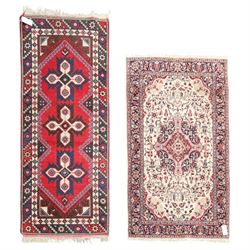 Two Persian rugs, Persian Hamadan hand-knotted rug, ivory ground centred by a terracotta m...