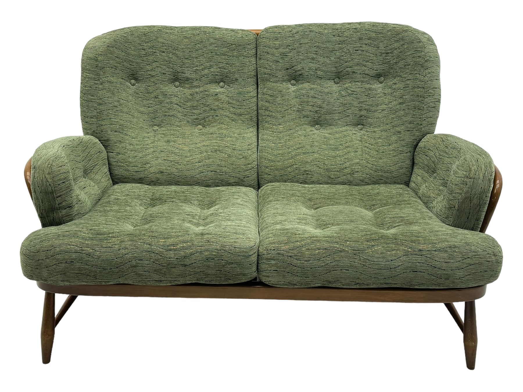 Ercol - mid-20th century three-piece suite, comprising two-seater sofa, upholstered in green fabric with teak frame, on splayed supports with stretcher (W142cm, D95cm, H87cm); with matching pair of armchairs (W82cm, D95cm, H87cm)