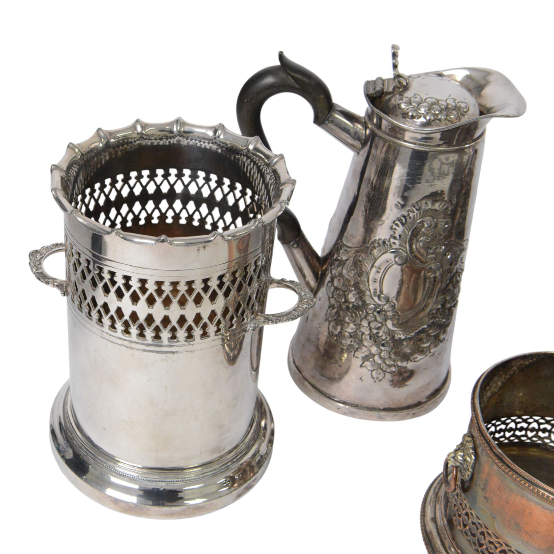 Silver plated twin handled bottle holder bottle, together with another bottle coaster and other plated items
