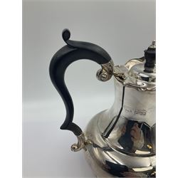 1920s five-piece silver tea service, comprising teapot, coffee pot, hot water pot, twin handled open sucrier and milk jug, each of squat circular form with shaped rim, the teapot, coffee pot and hot water pot each with ebonised handle and finial, the sucrier and milk jug with acanthus capped scroll handles, all upon circular foot, hallmarked R F Mosley & Co, Sheffield 1926 & 1927, tallest H24cm