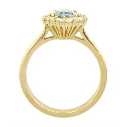 18ct gold oval cut aquamarine and round brilliant cut diamond cluster ring, hallmarked, aquamarine approx 0.85 carat, total diamond weight approx 0.40 carat