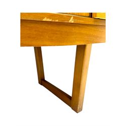 Mid-20th century teak sideboard, fitted with a fall-front cupboard, three drawers including a green baize-lined cutlery drawer, and a double cupboard, with integrated handles, on sleigh supports