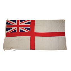 Four large linen ship's flags, including Red Ensign, Union Jack, White Ensign and one other, Red Ensign H140cm,W260cm