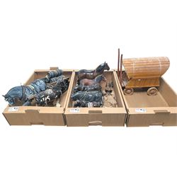 Collection of Shire horses, including Beswick and Sylvac examples, one with wooden cart and one with caravan, together with a Beswick donkey figure