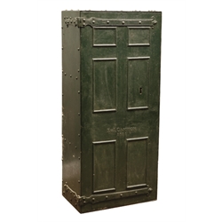  Early 19th century 'R & I Campion' cast iron riveted document safe, the faux door front with strap hinges, W61cm, H138cm, D40cm  
