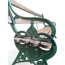 Coalbrookdale - Lily Pad design cast iron an wood slatted garden bench, late 19th century Aesthetic Movement, no. 217569, painted in green with iron centre support and seat stretcher, hardwood slatted