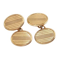 Pair of 9ct rose gold oval cufflinks, with engine turned decoration by G H Johnstone & Co, Birmingham 1925, approx 9gm