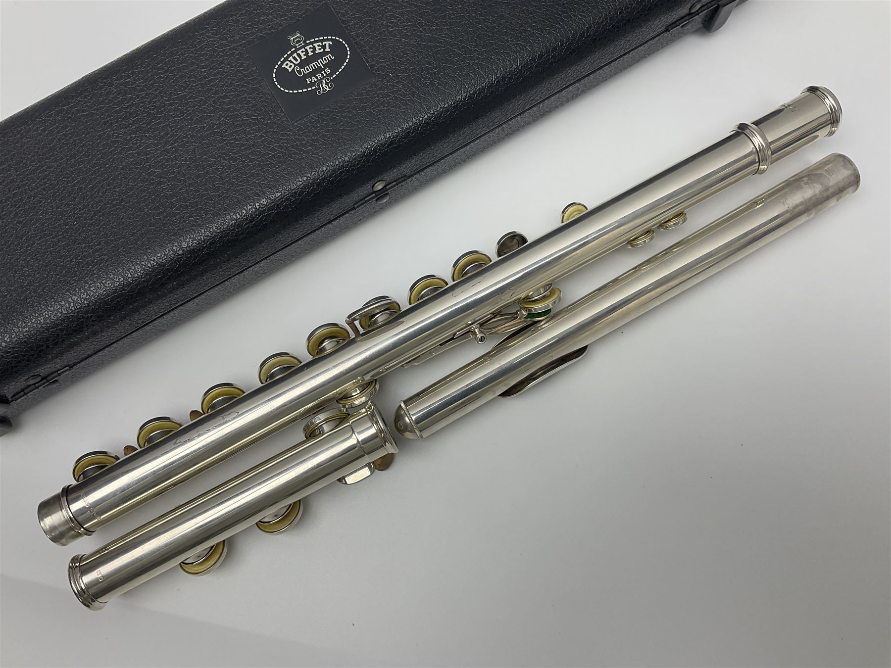 Rudall Carte & Co Ltd hallmarked silver three-piece flute; inscribed Rudall Carte & Co Ltd London No.51063; London 1986; in case marked Buffet Crampon Paris
