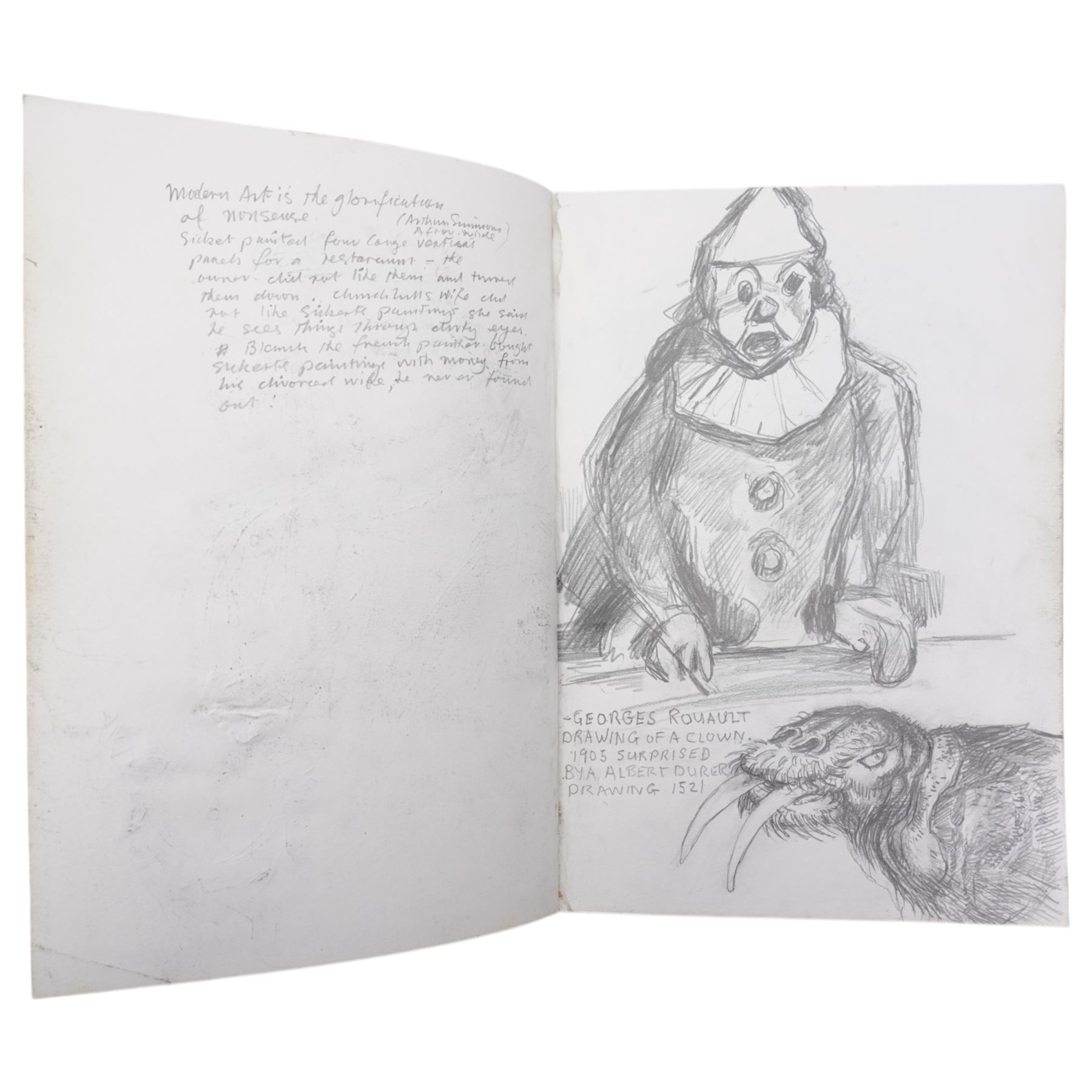 John Gilbey Bowles (British 1929-2011): Artist's Sketchbook - Surreal Art History Conversations, sketchbook containing thirty-four pages of pencil pastel and mixed media sketches of an art historical theme with interactions between famous paintings by different hands, most signed and dated 2008
Notes: examples include Edvard Munch's 'The Scream' reacting to a drawing by LS Lowry of street fighting; Albrecht Durer's drawing of a man dreaming of the Matisse line drawing; Hieronymus Bosch's 'The Last Judgment (detail) overseeing 'the Bacchanale Anglais' by Thomas Rowlandson; Toad of Toad Hall from the Wind in the Willows singing the praises of Henry VIII by Hans Holbein; a drawing by Leonardo Da Vinci admiring the humour in the drawing by LS Lowry; a Henry Moore drawing dreaming of a Thomas Rowlandson composition etc.