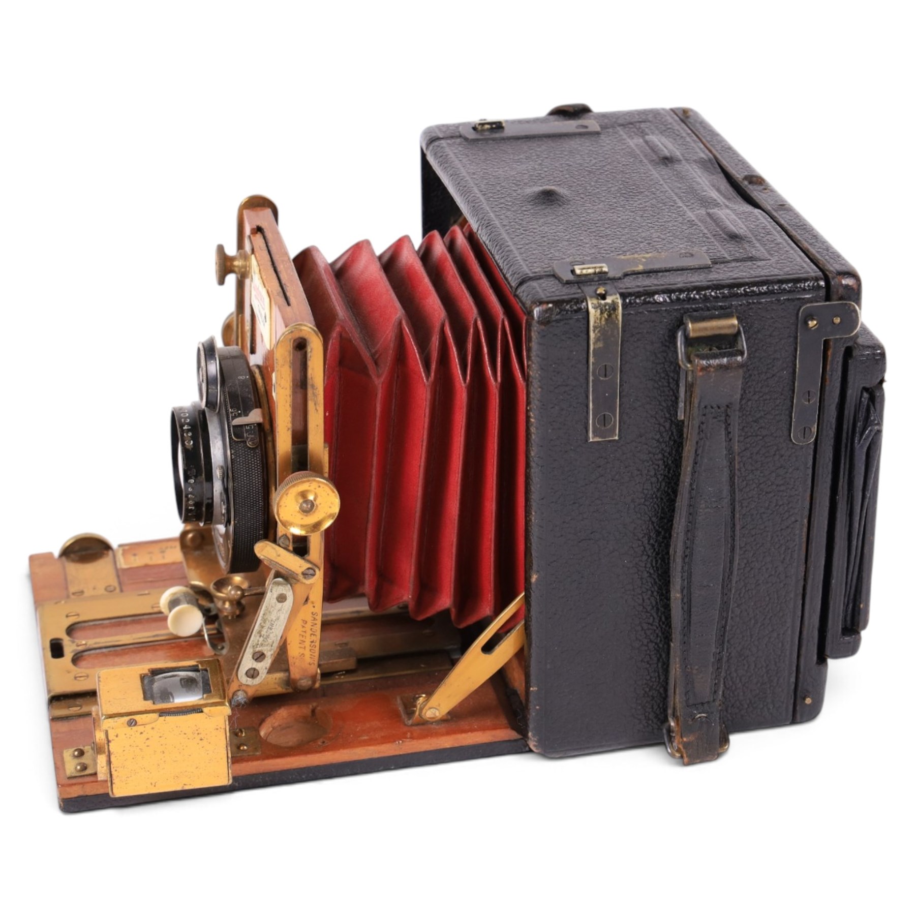 The Sanderson Camera, mahogany and brass plate camera, featuring ivorine name plaques, with Compur DRG DRGM lens, serial no. 258646