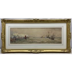 Thomas Bush Hardy RA RBA (British 1842-1897): ‘Off Scarborough’, watercolour signed titled and dated 1895, original John Linn & Sons label verso 22cm x 71cm 
Provenance: private collection, purchased David Duggleby Ltd 23rd June 2017 Lot 1; Bonhams Chester 4th-6th December 2012 Lot 353