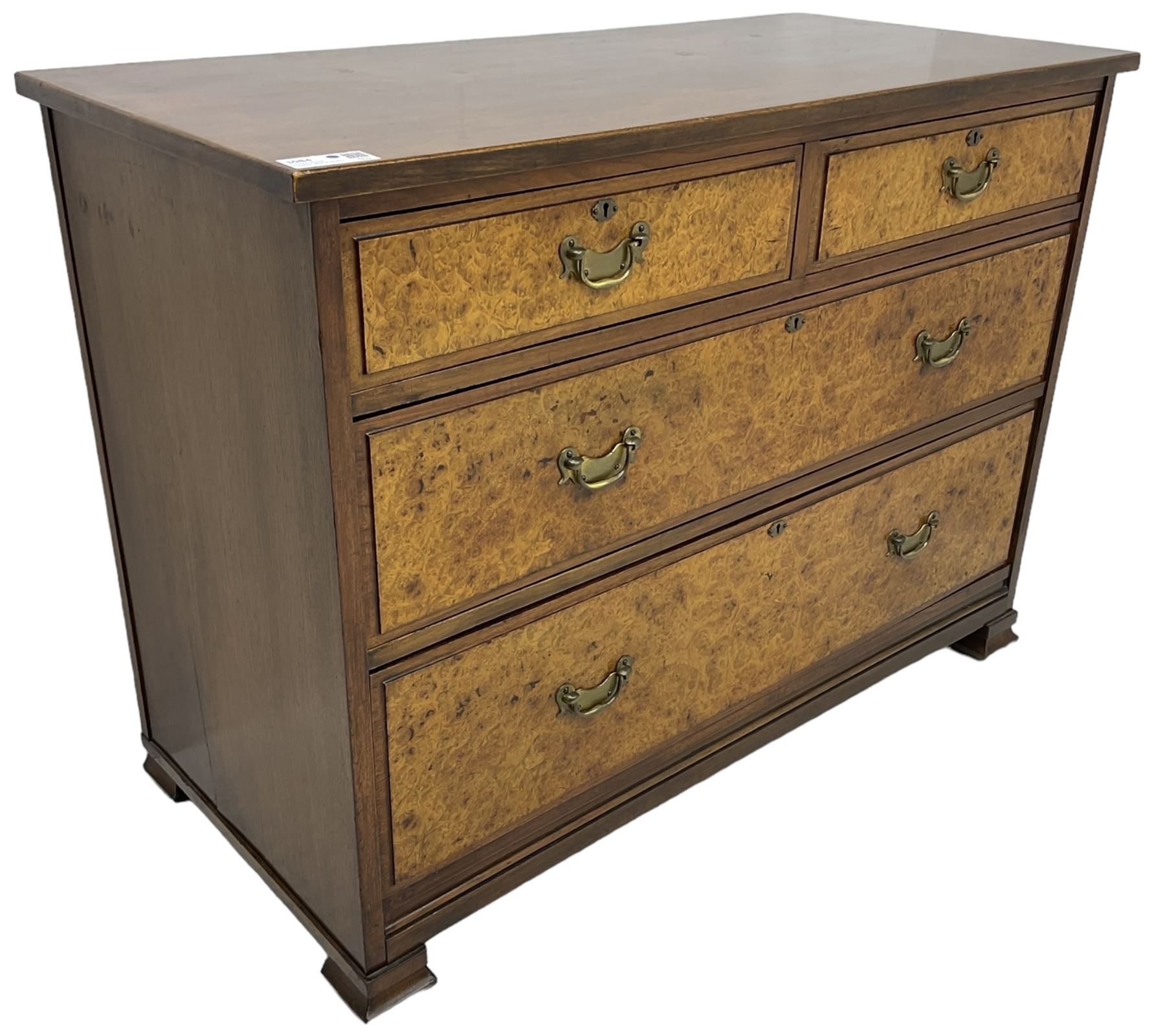 Late Victorian walnut straight-front chest, fitted with two short over two long figured drawers, on ogee rectangular feet