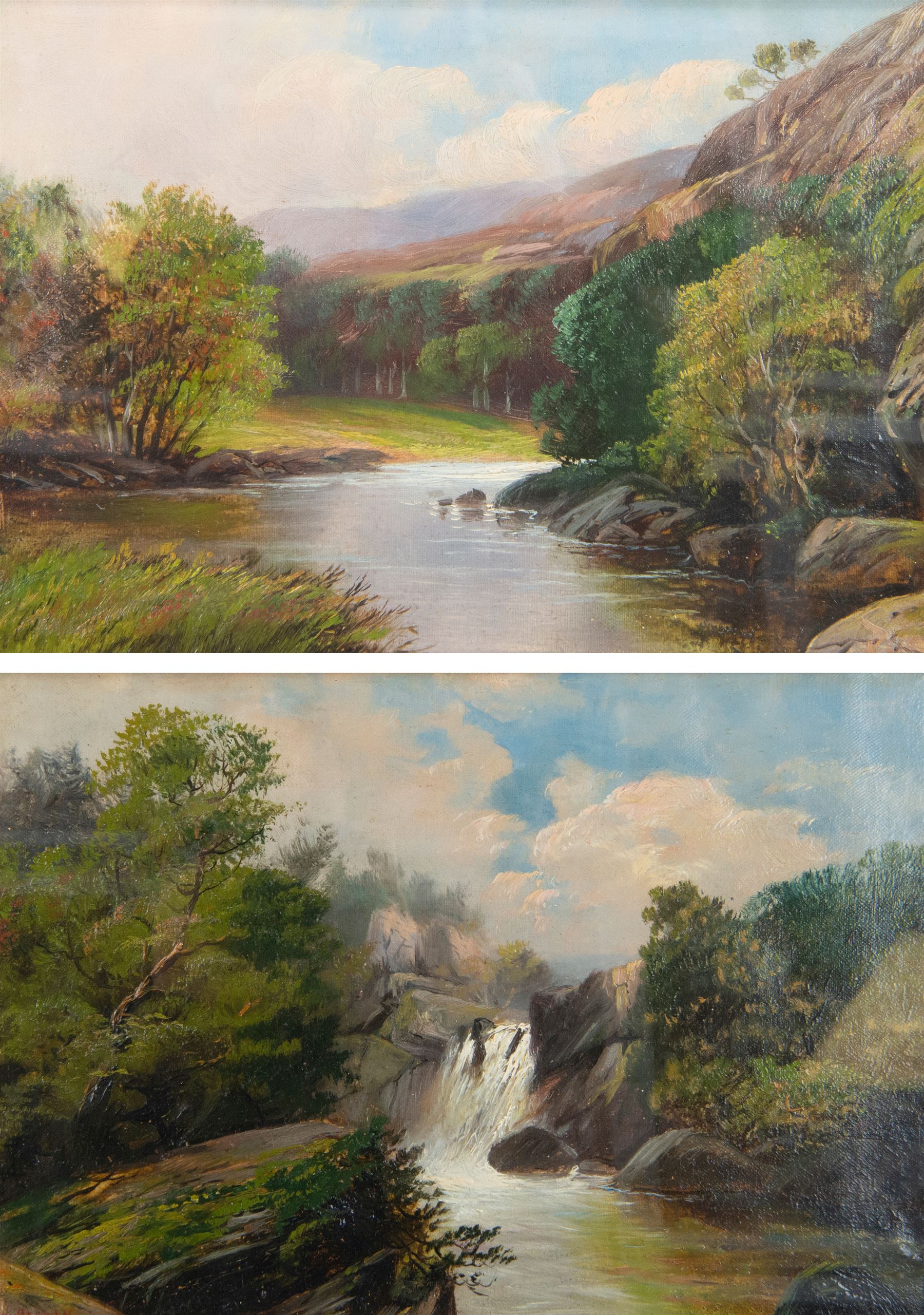 Walter Linsley Meegan (British c1860-1944): Waterfall and River Landscapes, pair oils on canvas signed 24cm x 34cm (2)