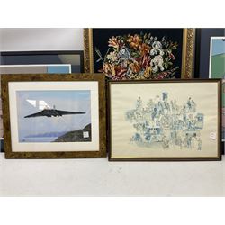 After Pete McKee (British 1966-): Picnic and Going to the Beach, pair colour prints 56cm x 42cm together with cartoon of dogs and five other prints and originals including caricature watercolour of 'Top Tec' (8)