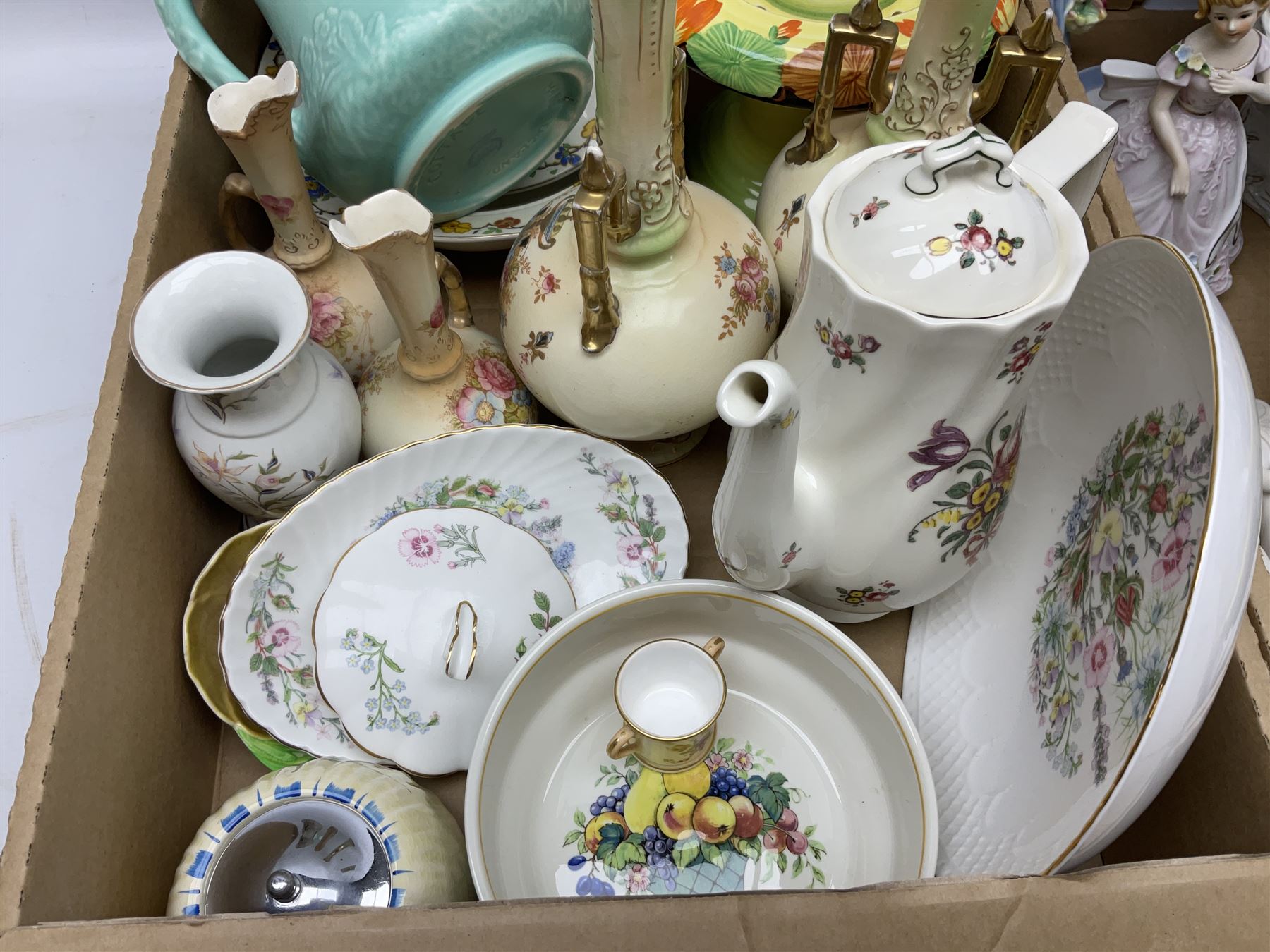 Royal Worcester miniature loving cup, Royal Doulton Wendy figure HN 2109, Lladro dish, two Giuseppe Armani figures, Staffordshire style figural vase, Crown Devon Fieldings blush ivory ewers and twin handled vases, Villeroy & Boch, Royal Doulton, Carlton Ware, Masons ironstone, other ceramics, teawares etc in four boxes