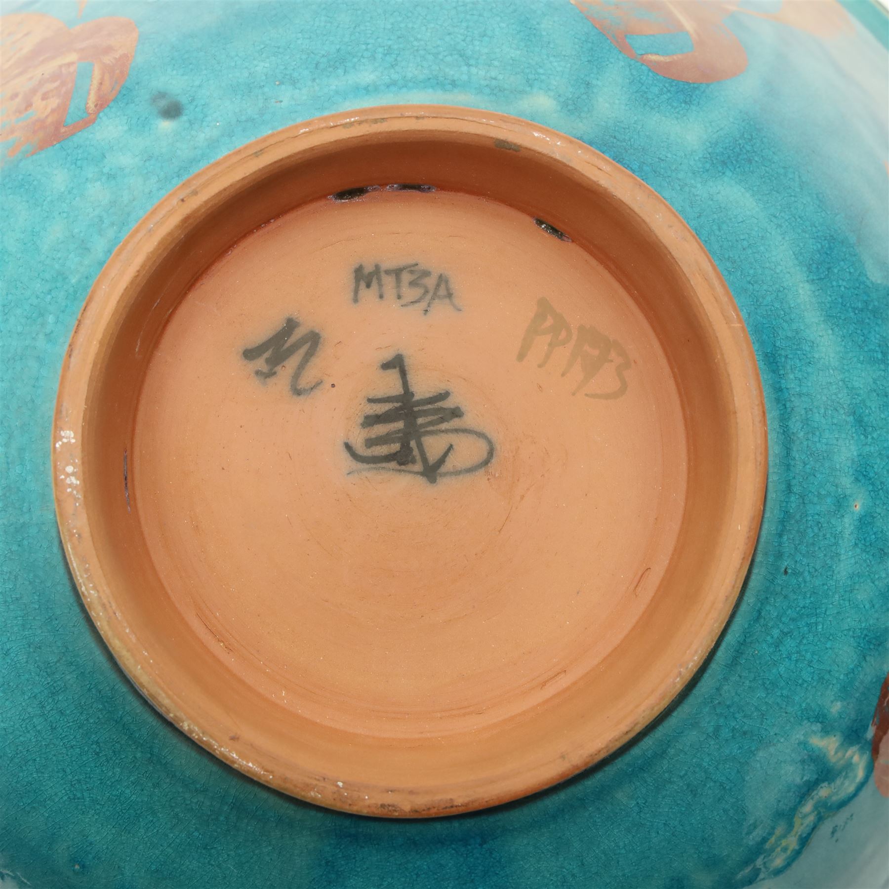 Large Crowan Pottery bread crock, H30cm; together with a studio pottery oval shallow dish, D52cm, and an Alan Caiger-Smith bowl, D42cm, variously marked and inscribed (3)