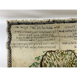 Victorian needlework  picture and verse sampler, 'In memory of Joshua Thomas who died Sep 22nd 1871 age 45', worked by Rebecca Emmott 1872 age 21, H66cm, W61cm 
