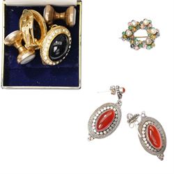 Victorian dress stud with horseshoe motif, two silver pocket watches, silver-plated pocket compass, silver pendant earrings, St George and the Dragon silver coin, mounted as a pendant, silver paste set bracelet, WW1 Victory medal awarded to PTE N Fisher, R Scots, costume jewellery etc 