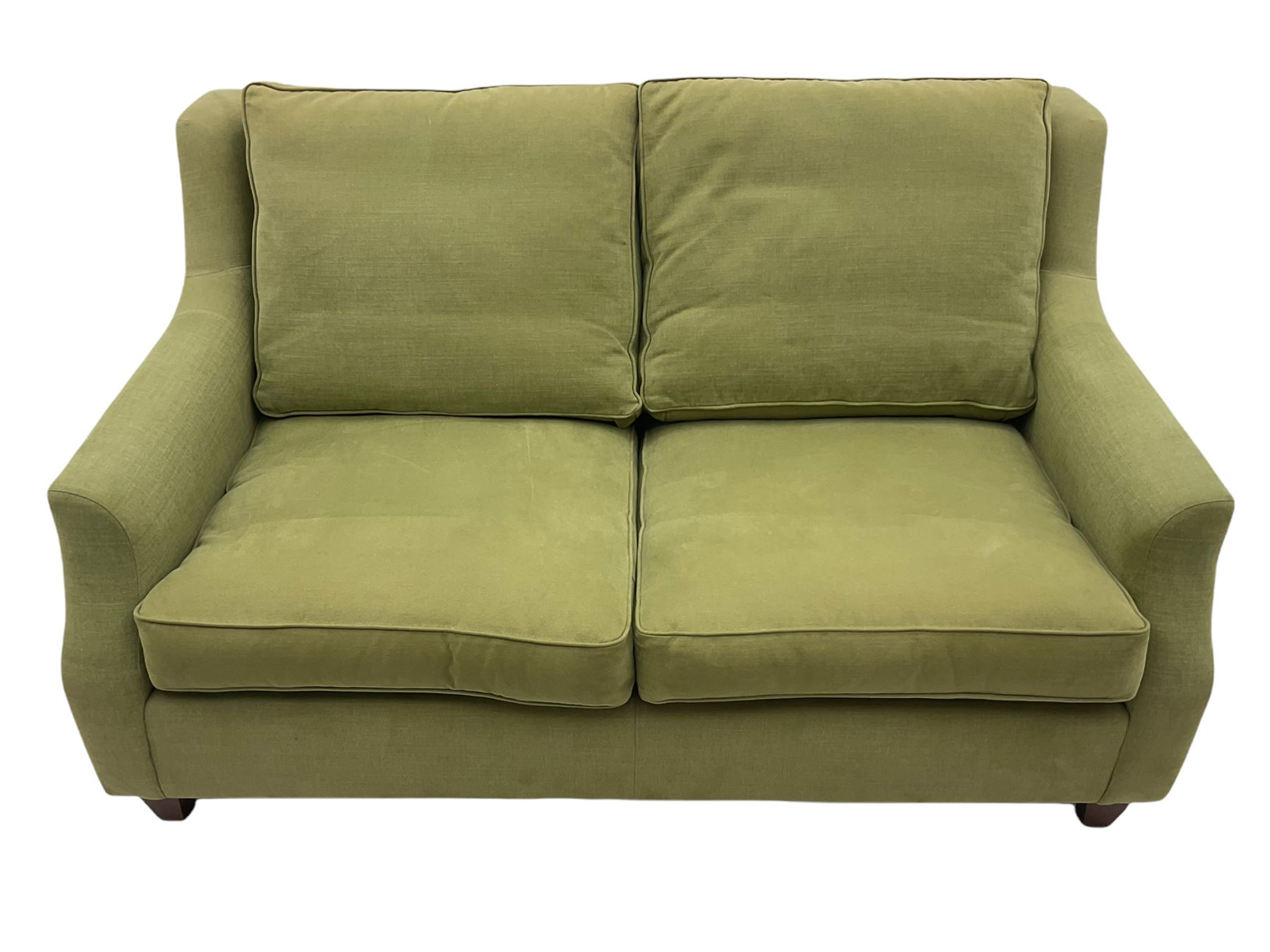 Wesley-Barrell two seat sofa and pair of matching armchairs, upholstered in sage linen fabric