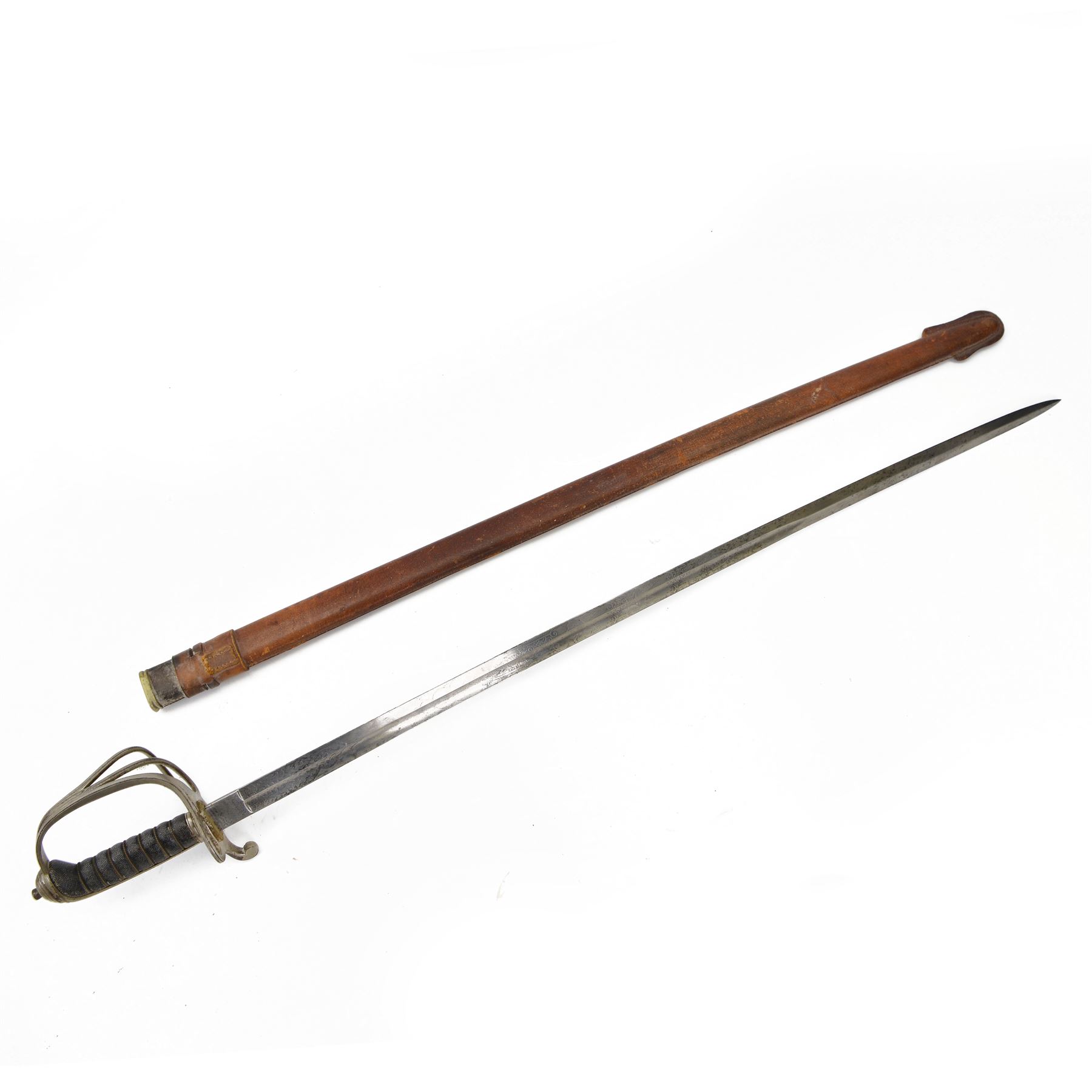 British Artillery Officer's sword by J. Daniels & Co, Artillery Place Woolwich, the 88cm steel blade engraved Durham R.G.A (H.E), wirebound fishskin grip, chequered backstrap and stepped domed pommel, in brown leather scabbard, overall L104cm