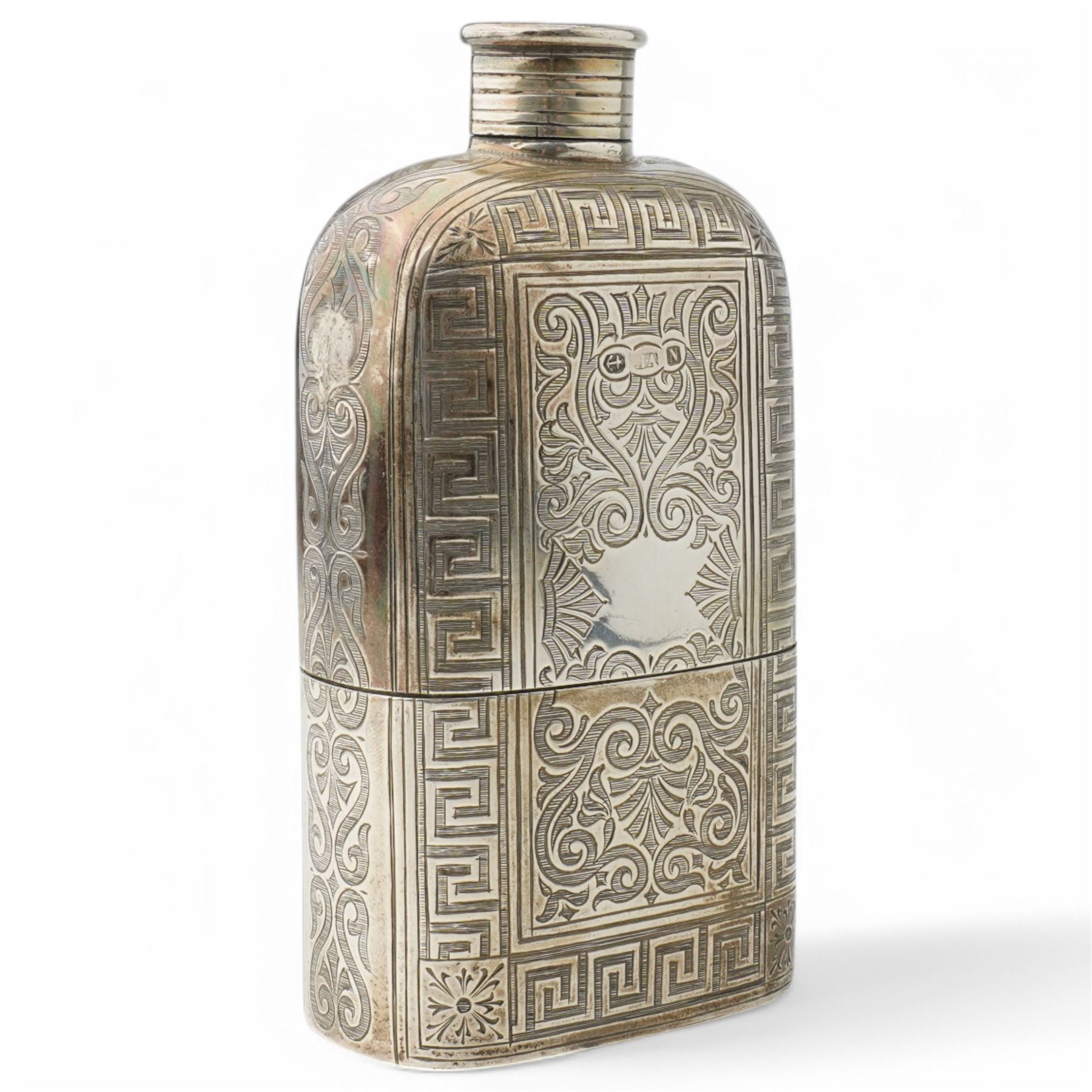 Victorian silver hip flask engraved with scrolls and vacant cartouche within a key pattern border, screw off cap 12cm Birmingham 1862 Maker Henry Hyde Aston