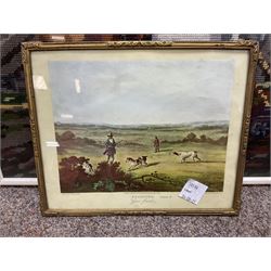 After Heywood Hardy (British 1843-1933), 'The Hunt', colour print; Neil Cawthorne (British 20th century), 'Red Rum' colour print signed in pencil, together of pair hunting oleographs and three further prints of horses and a needle work (8)
