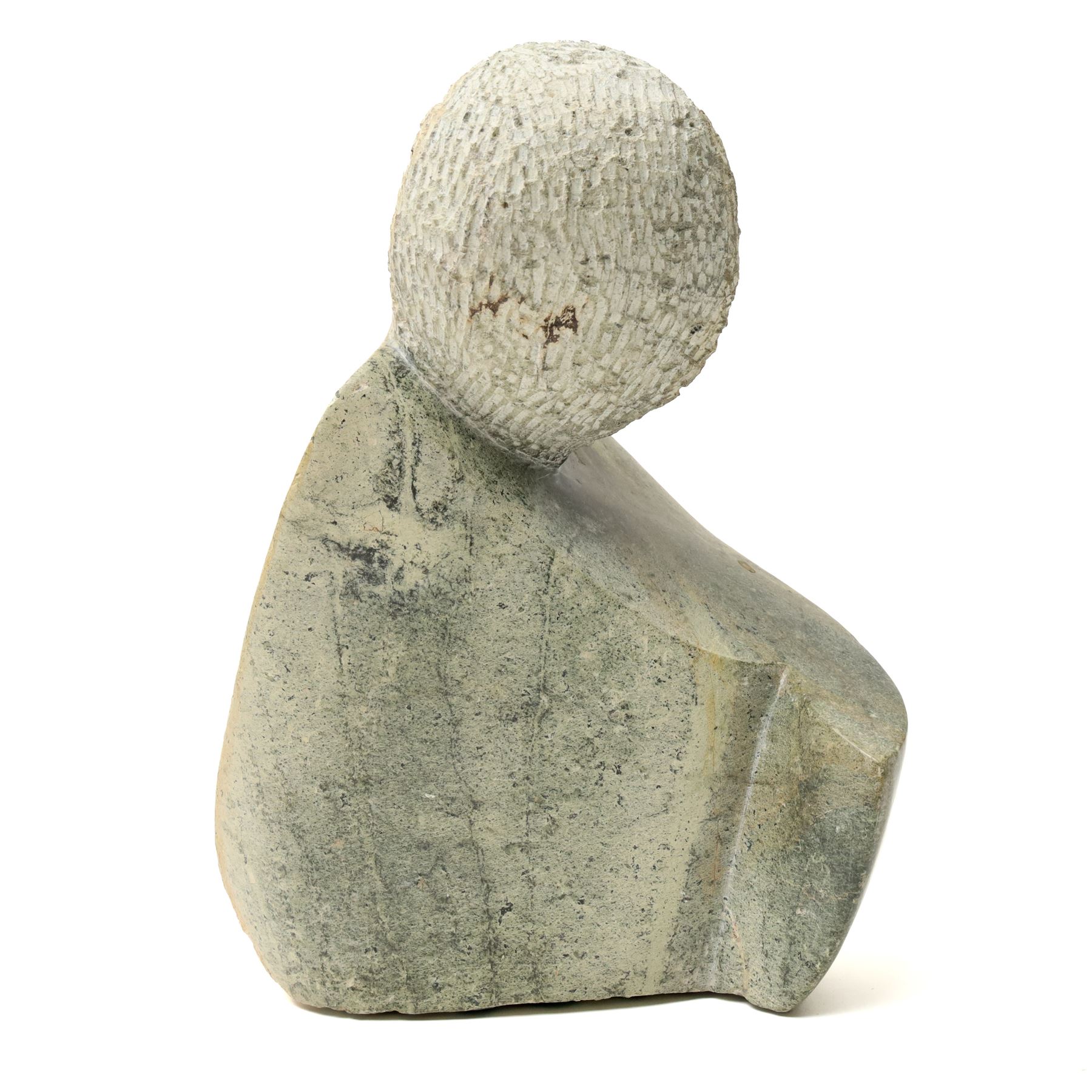 Carved African stone sculptural bust, attributed to Vanassa Rangisse, faint marks to base, H31cm; together with two further stone busts, H24cm (3)