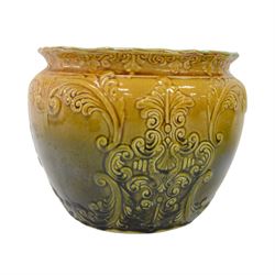 Bretby jardinière, decorated in relief with elongated leaves, together with two others, H29cm 