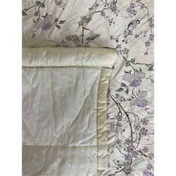 5' Kingsize headboard with stepped arch cresting, upholstered in cream silk with raised stitching decorated with trailing foliage branches and birds; matching bedspread (251cm x 218cm); two matching cushions  