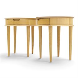 Bentley Designs - Pair of 'Dansk' light oak circular bedside or lamp tables, one drawer with recessed handle, tapering circular supports