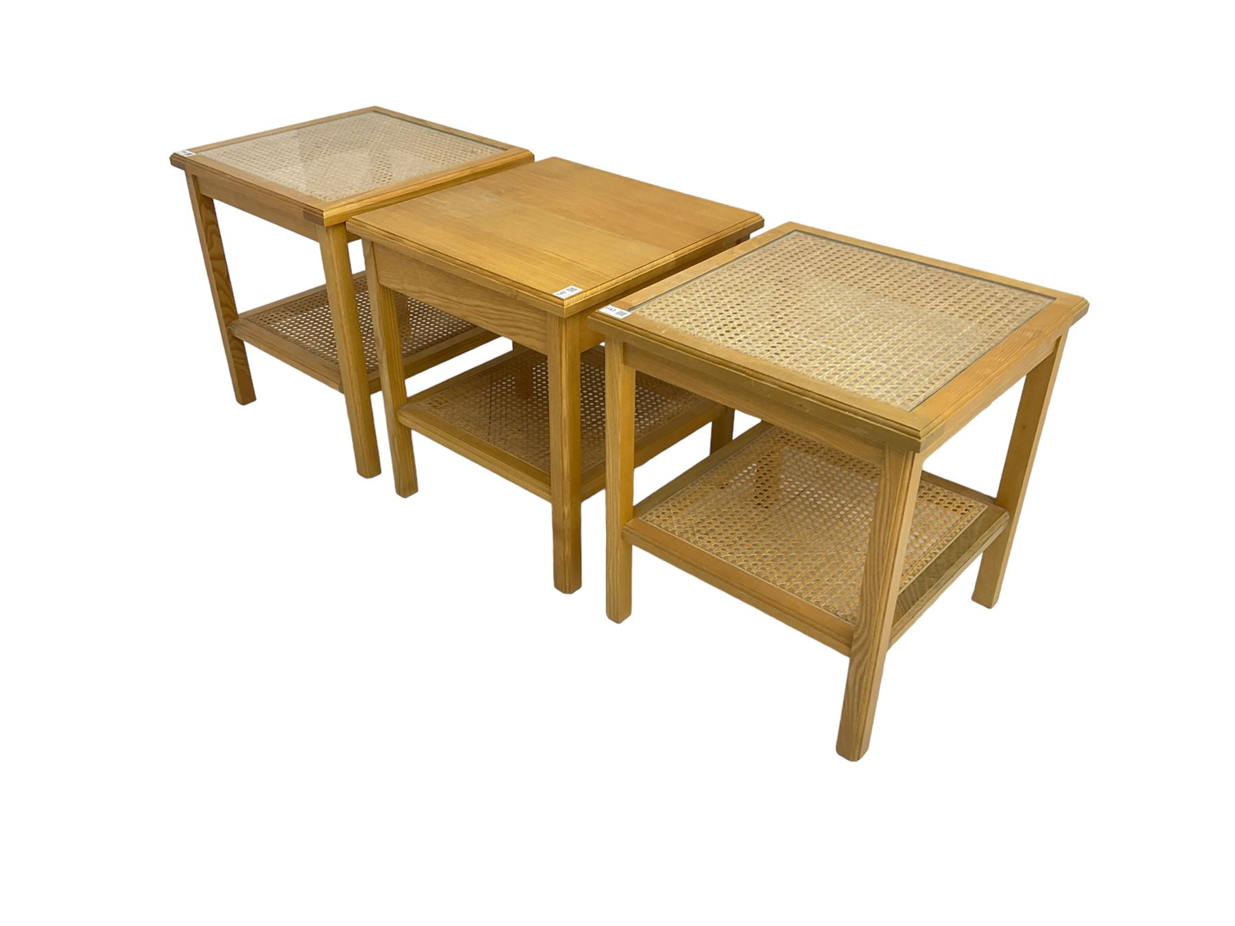 Pair beech bedside tables, square top with canework inset and cane under-tier, together with another similar 
