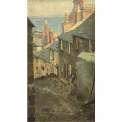Olwyn M Lloyd (British exh.1909-1913): Street Scene St Ives, oil on canvas signed and dated 1908, dated Oct /08 verso 35cm x 19cm