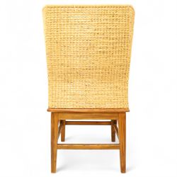 Pair of 20th century full-size pine Orkney chairs, high-back armchairs of traditional design, pegged and wedged construction, wrap-around backrest and sides, above scrolled out-swept arms and solid rounded pine seat, raised on square tapering legs united by stretchers, hand-signed ‘Jackie Miller’ and stamped ‘Orkney’
