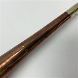 Late 19th century copper and silver plate hunting horn, stamped Swaine & Adeney London Proprietors of Kohler & Son Made in England, L23.5cm