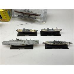 DeAgostini Atlas Editions - HMS Anson, HMS Exeter, HMS Renown, HMS Nelson, HMS Warspite, HMS Hood, Bismark, and USS Saratoga, all boxed; DeAgostini - Gneisenau, Blucher, and Prinz Eugen, packaged; together with ten further DeAgostini battleships, unboxed, and a Gilbow RMS Olympic model, boxed (qty)