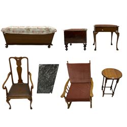 Early 20th century oak elbow chair, Victorian commode stool, piano stool, upholstered ottoman, beech rocking chair, an oak barley twist table and a rectangular black and white marble top (7) 