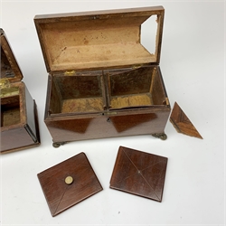 A Georgian mahogany tea caddy, L24cm, together with a Victorian mahogany example, L26cm, and two portrait miniatures in ebonised frames, H13cm. 