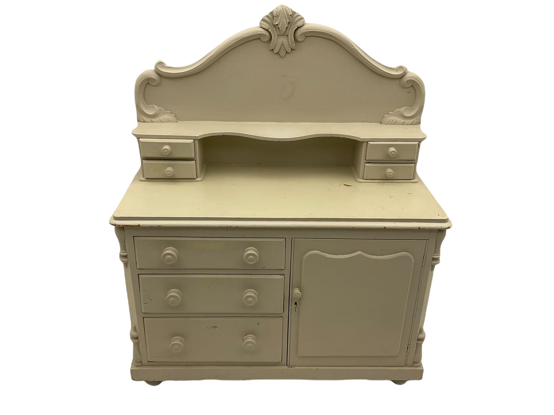 Victorian white painted pine chiffonier dresser, raised back with small drawers, fitted with single cupboard and three drawers