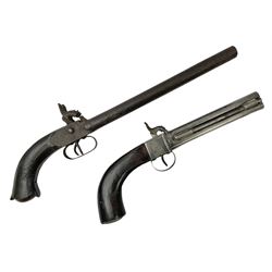 Two percussion action double barrel pistols for display comprising one side-by-side with 25cm barrels L42cm overall; and the other single hammer over-and-under with 16.5cm barrels and side ramrod L32.5cm overall (2)
