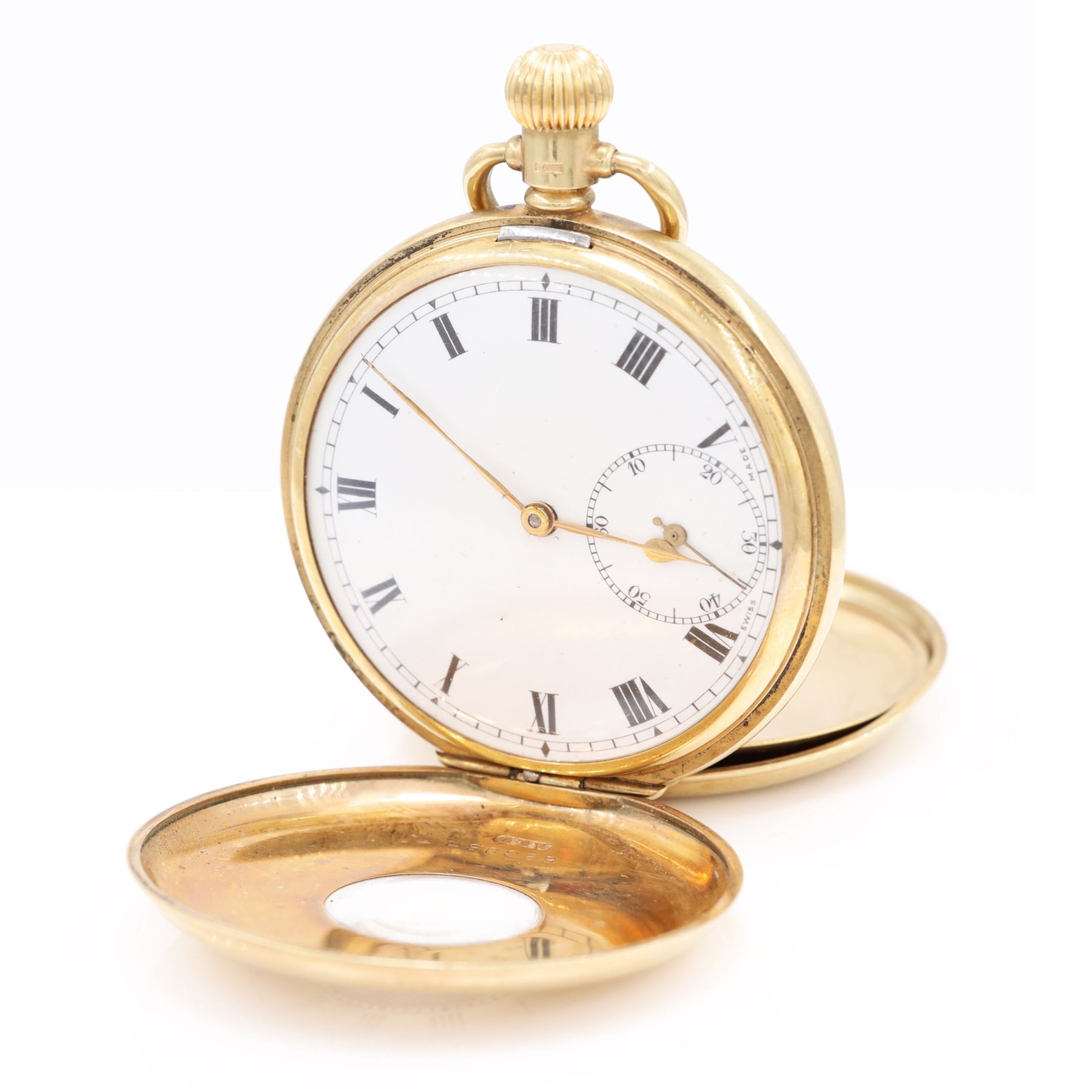 Early 20th century 9ct gold half hunter keyless lever pocket watch by Kenwell, white enamel dial with Roman numeral hour markers and subsidiary seconds dial, case by Dennison, Birmingham 1937