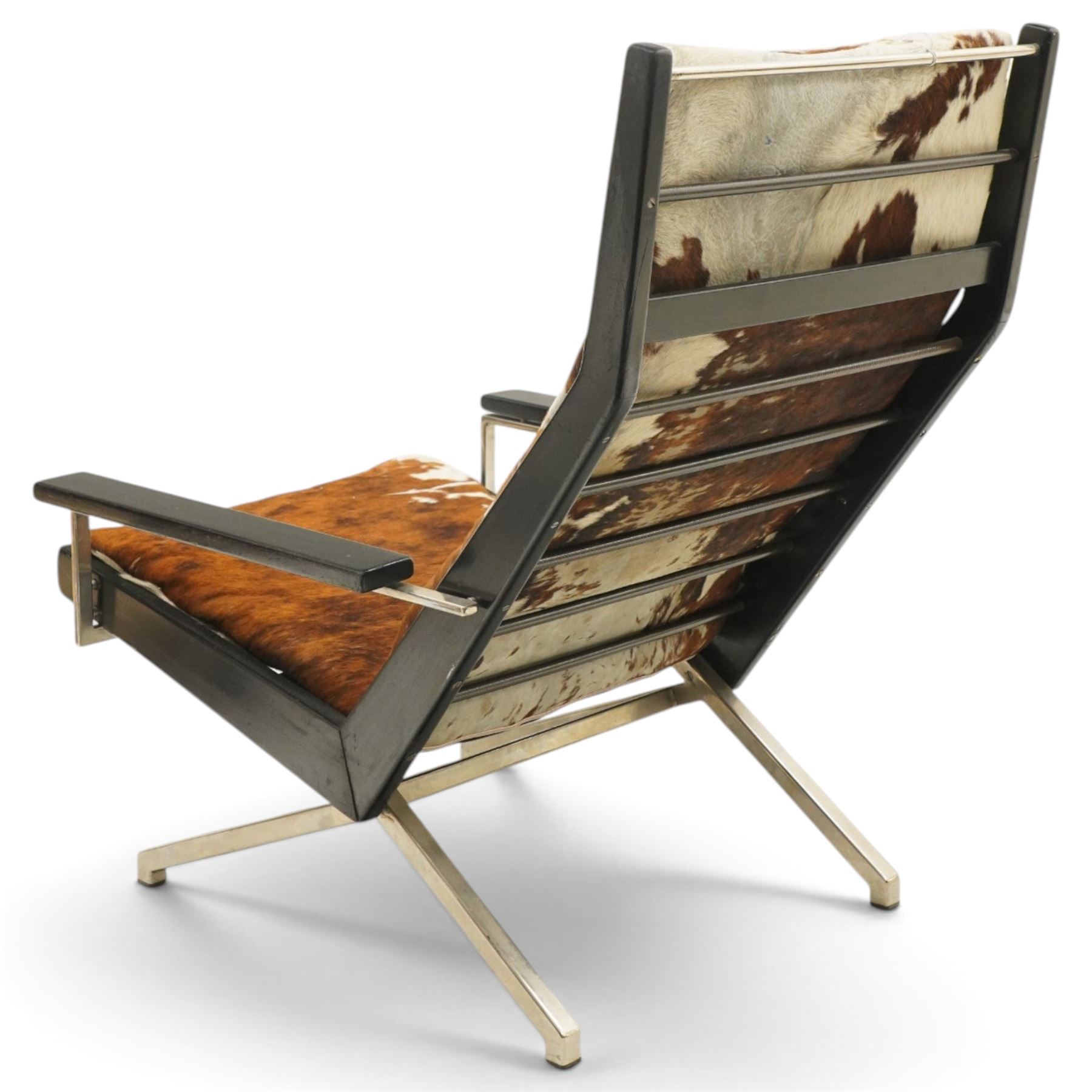 Rob Parry for Gelderland - 1960s 'Lotus' chair, cowhide upholstered seat cushion, with elasticated webbing to the back and fixed webbing to the seat, ebonised wood and chrome frame