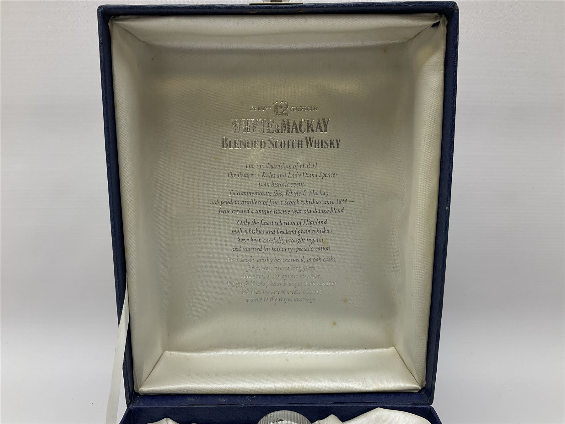 Whyte and Mackay, 12 year old, blended Scotch whisky to celebrate marriage between Charles and Diana 1981, unknown contents and proof, boxed