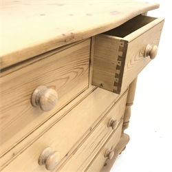 Solid pine serpentine top chest, two short and three long drawers, turned supports, W100cm, H91cm, D46cm