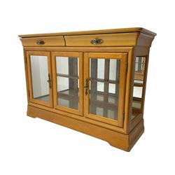 Yew wood sideboard, rectangular top with mahogany and ebony stringing, fitted with two drawers over three glazed cupboard doors enclosing glass shelves