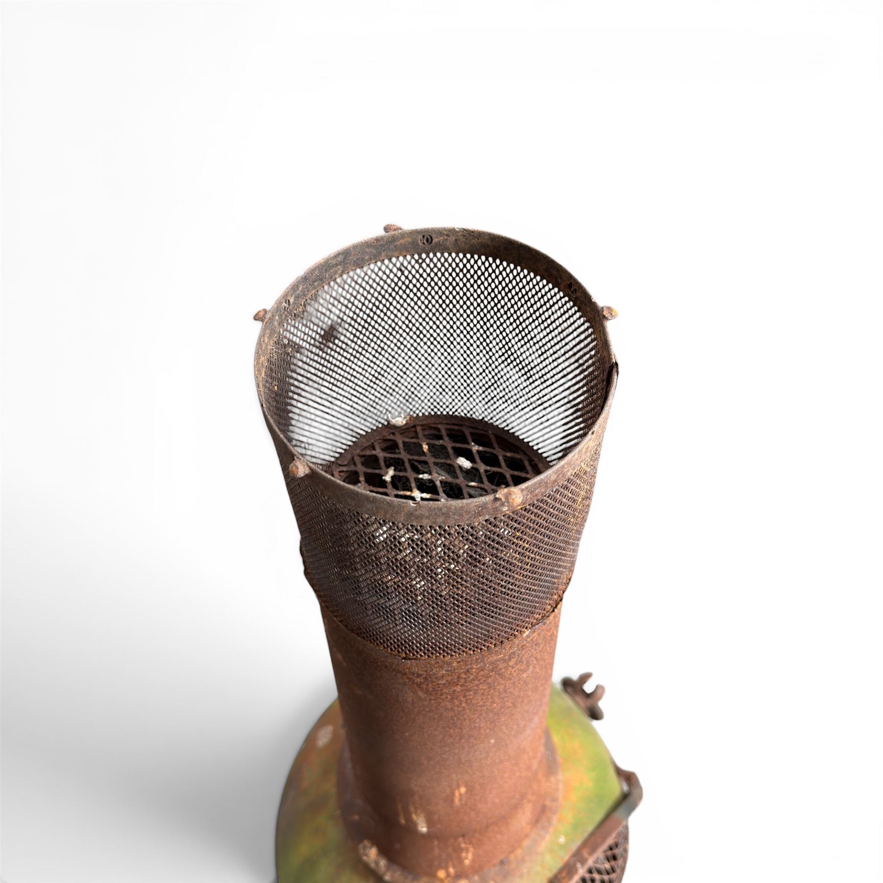 Garden chiminea, with mesh front spark guard, flue chimney on three splayed legs, in a weathered finish
