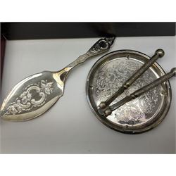 Silver mounted glass cruet set, Hallmark Walker & Hall, together with silver plate cased canteen, tea set etc