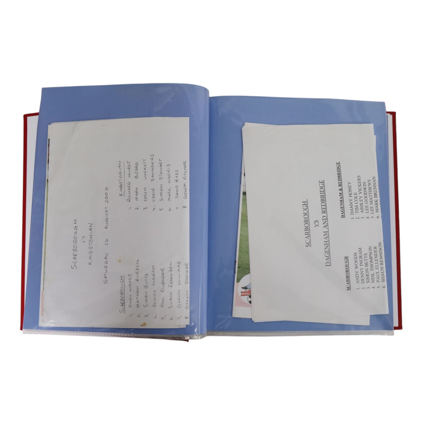 Comprehensive collection of approximately two hundred and twenty Scarborough FC football programmes for the 1999/00, 2000/01, 2001/02 and 2002/03 seasons, all filed within eight dedicated Scarborough FC red Home and Away binders