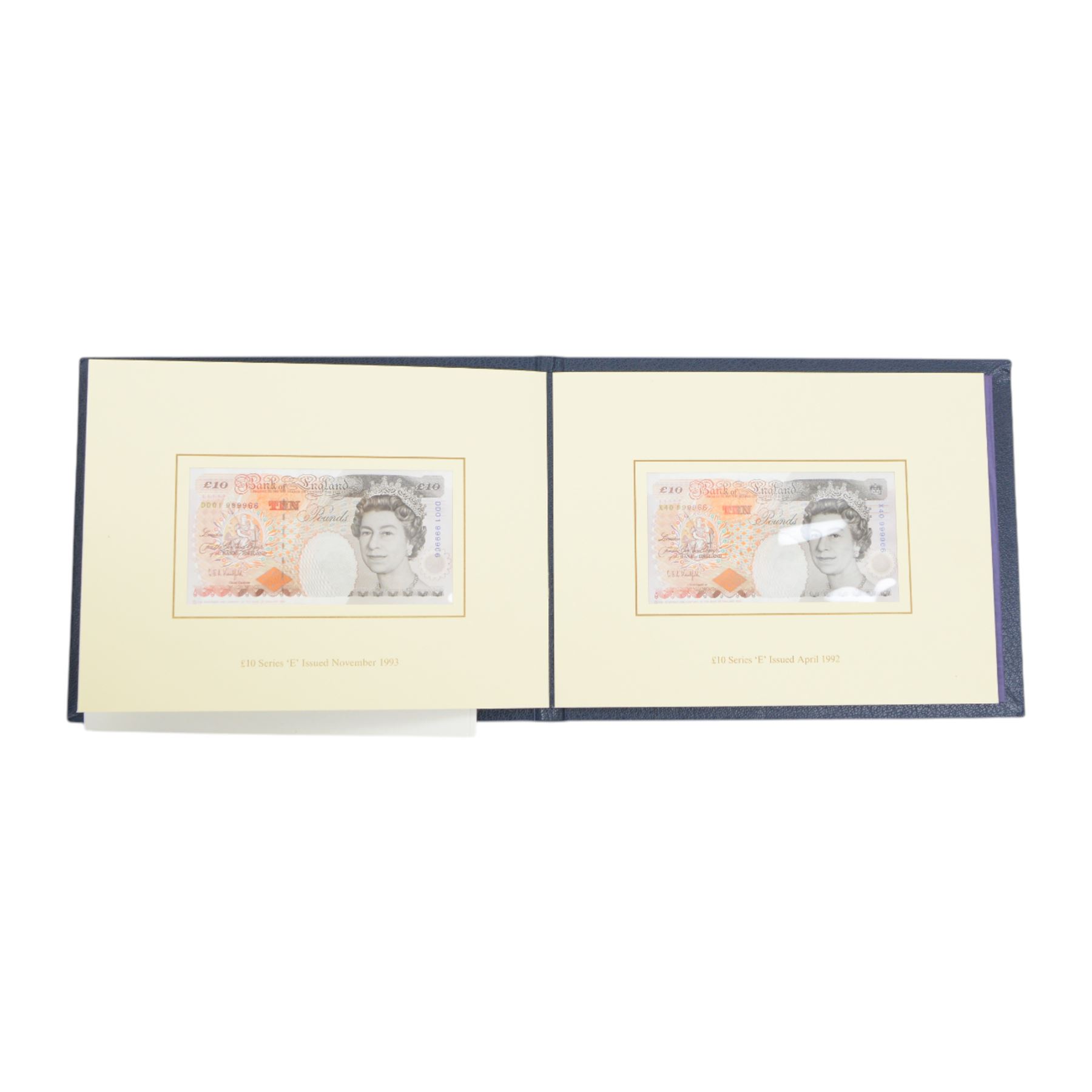 Seven Bank of England limited edition presentation pack pairs of banknotes, all with matching serial number 999966, comprising Gill five pound series D and E prefixes SE90 and A01, Kentfield five pound series E prefixes W18 and AA01, Kentfield ten pound series D and E prefixes KR30 and A01, Kentfield ten pound series E prefixes X40 and DD01, Gill twenty pound series D and E prefixes 20X and A01, Kentfield series E prefixes W35 and X01, and Kentfield series D and E prefixes E30 and A01, housed in leatherette binders manufactured by the Bank of England, 